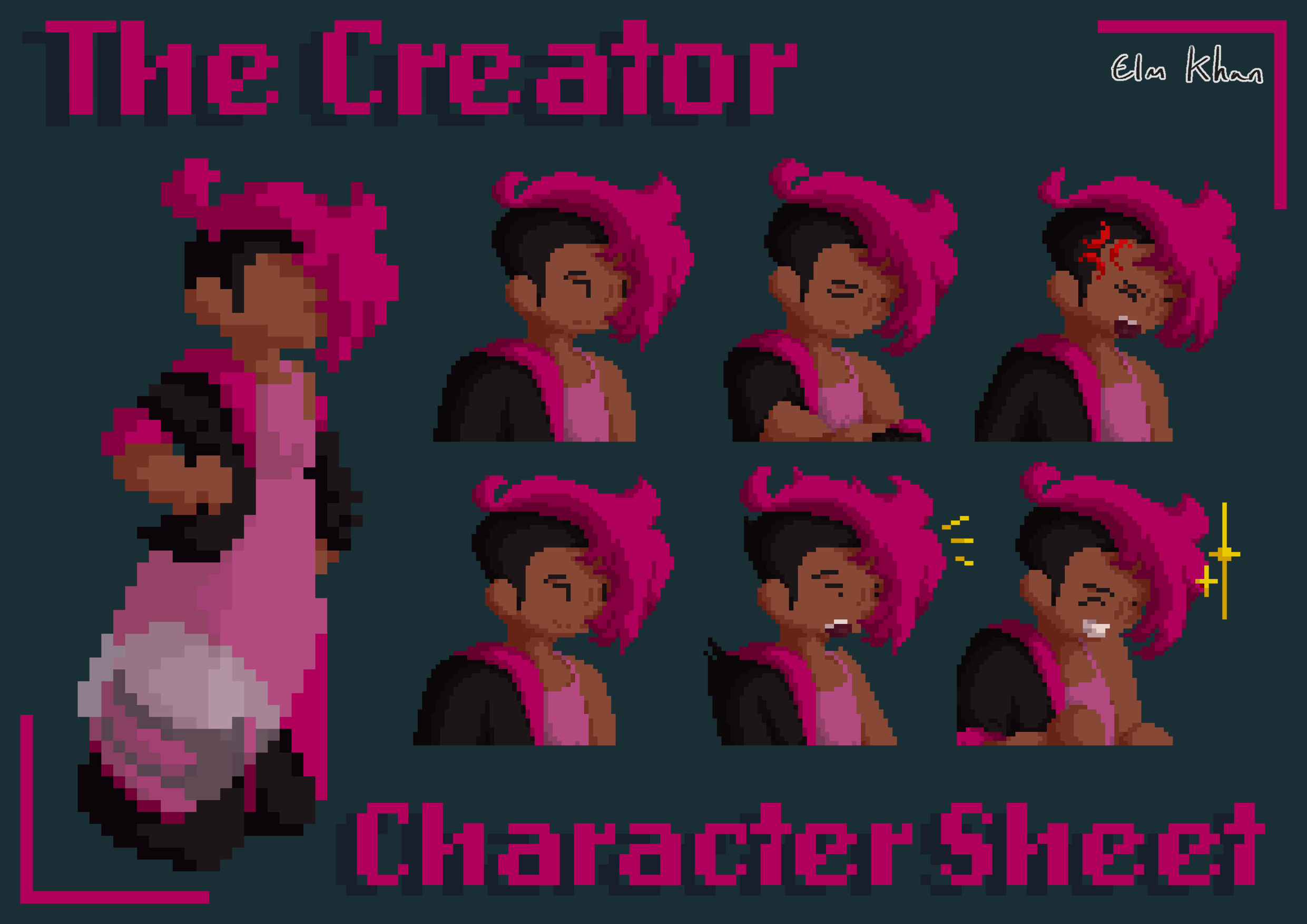 A character sheet for the Creator. Features their sprite, and a variety of facial expressions